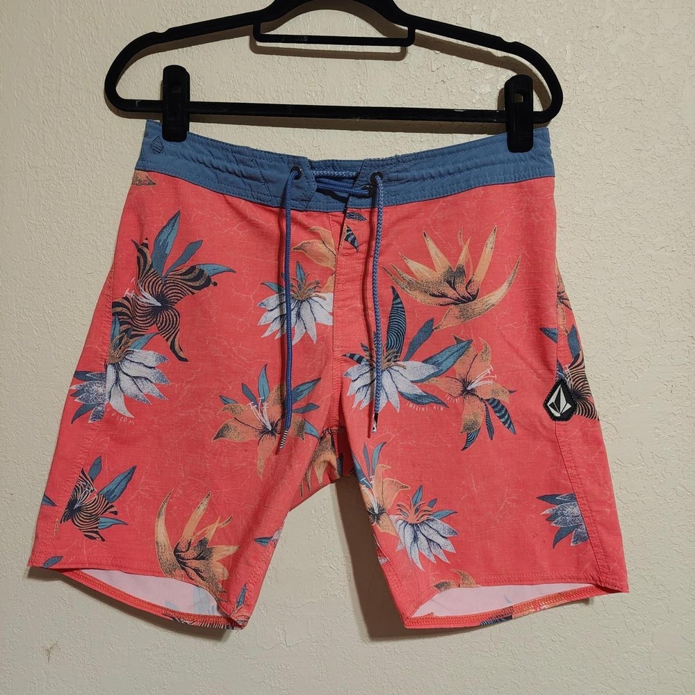 Volcom Stoneys Mens Board Shorts Size 30 Pink Blue Floral Tropical Surf Trunks